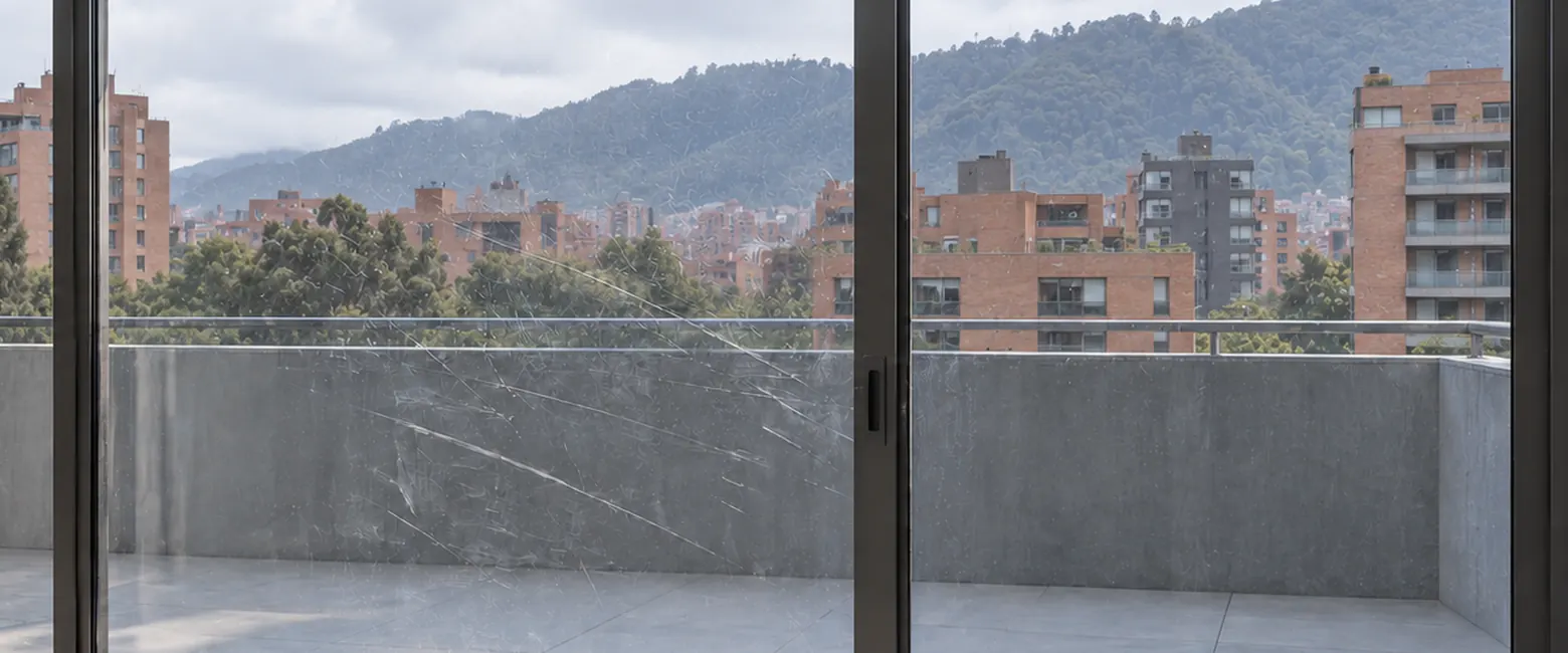 Panel corredizo de una vivienda entregada, rayado en abanico, con la ciudad y los cerros detrás