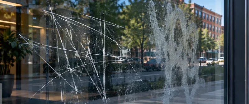 Vitrina con dos grafitis permanentes: uno rayado a filo sobre el vidrio y otro marcado con ácido