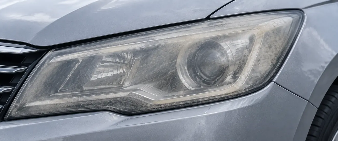 Faro de automóvil amarilleado y opaco sobre un carro con la pintura intacta