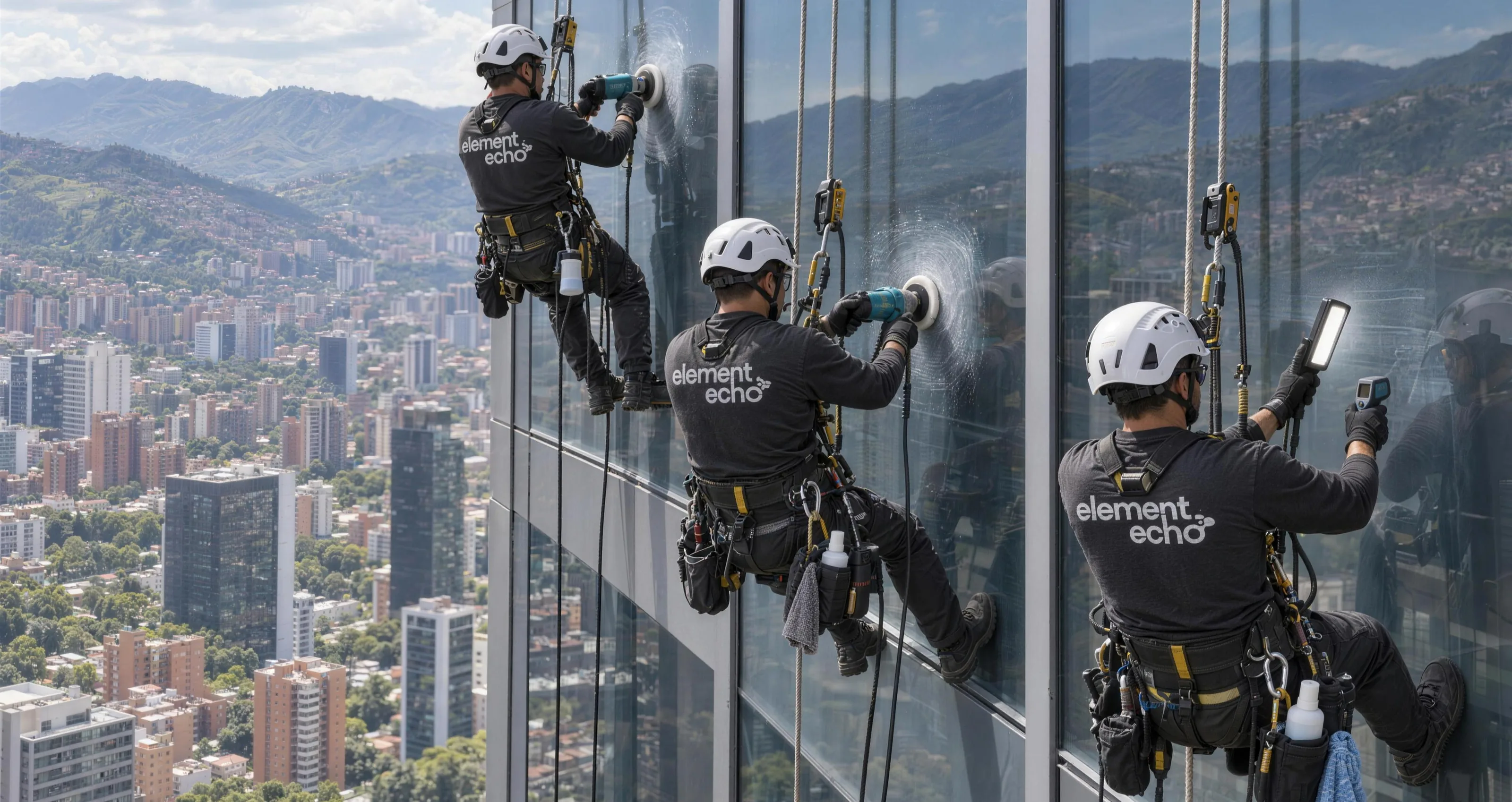 Tres técnicos de Element Echo en descenso vertical restaurando la fachada de vidrio de una torre en Medellín