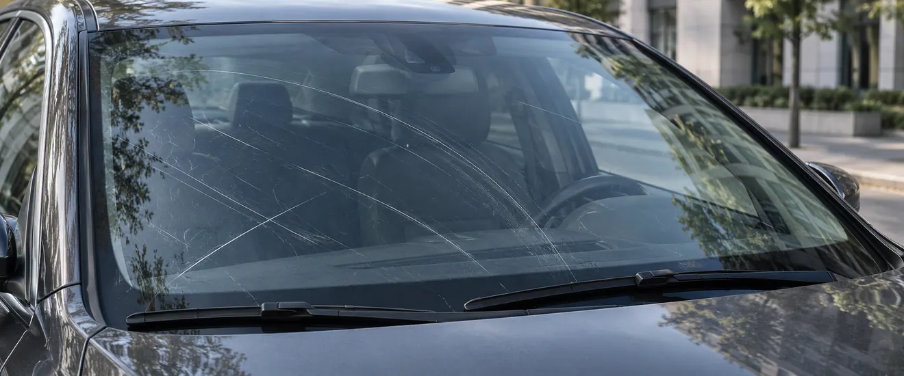 Parabrisas de un carro con rayones en arco marcados por la plumilla