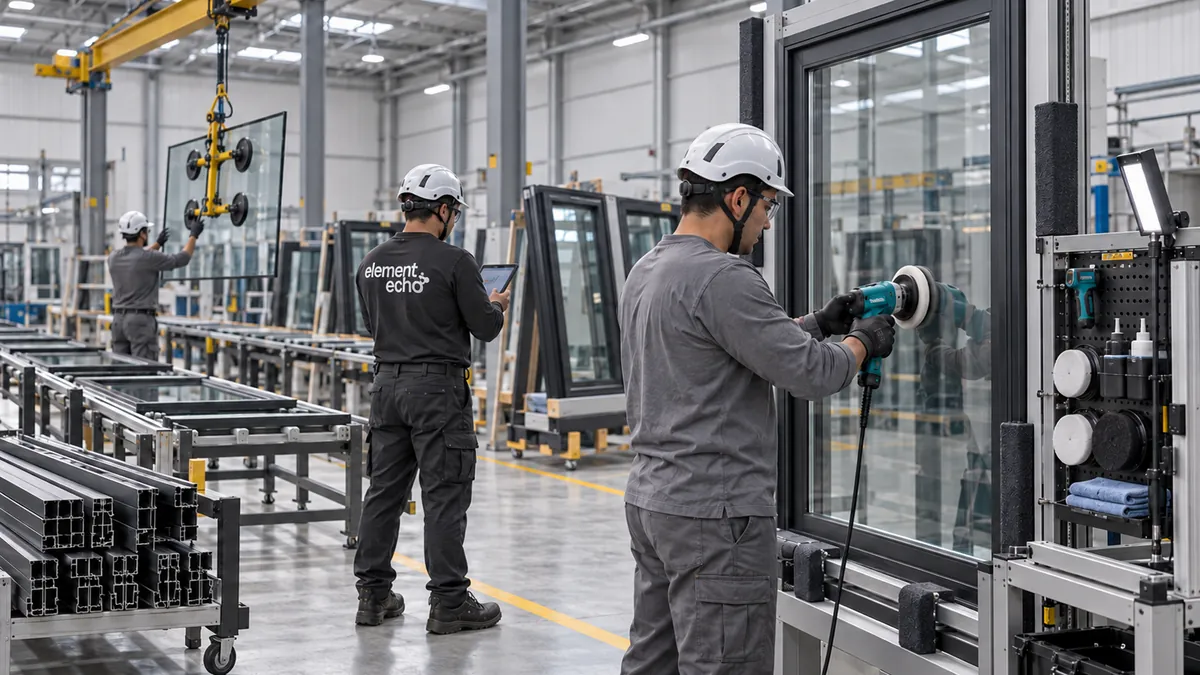 El sistema operando dentro de una planta de ventanería, con acompañamiento de Element Echo