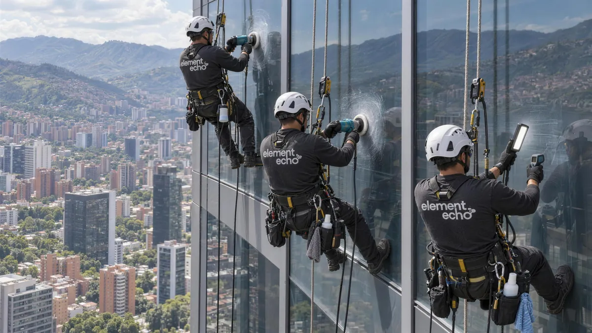 Cuadrilla de Element Echo restaurando vidrio en descenso vertical sobre una fachada